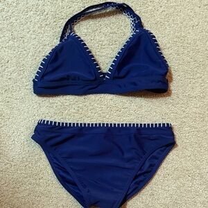 Navy Blue Two-Piece Bikini Set with White Stitch Detail